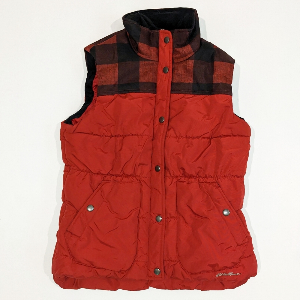 Eddie Bauer Buffalo Plaid Puffer Vest Red Black Small